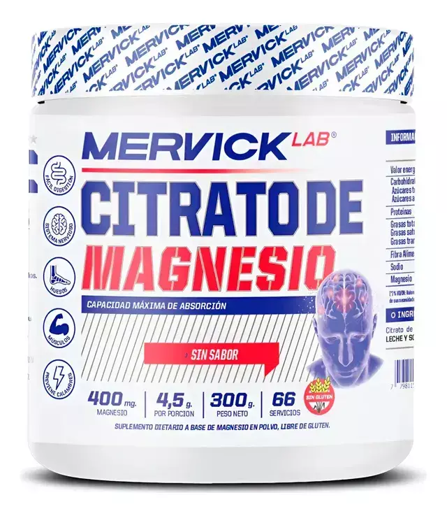 [TN-1518514597] Mervick Citrato De Magnesio Suplemento Sin Sabor 300gr